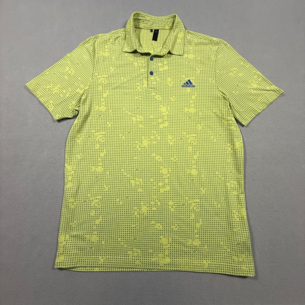 Adidas Golf Polo Shirt Mens Large Lime Green Yellow Grid Print Short Sleeve - Picture 2 of 9